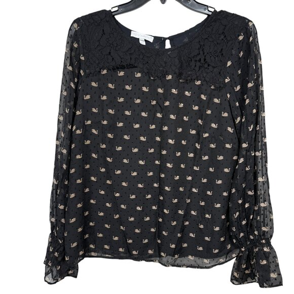 RSVP by Talbots Fancy Swans Print Top Medium Black Tan Dotted Lace Semi Sheer - Picture 2 of 11